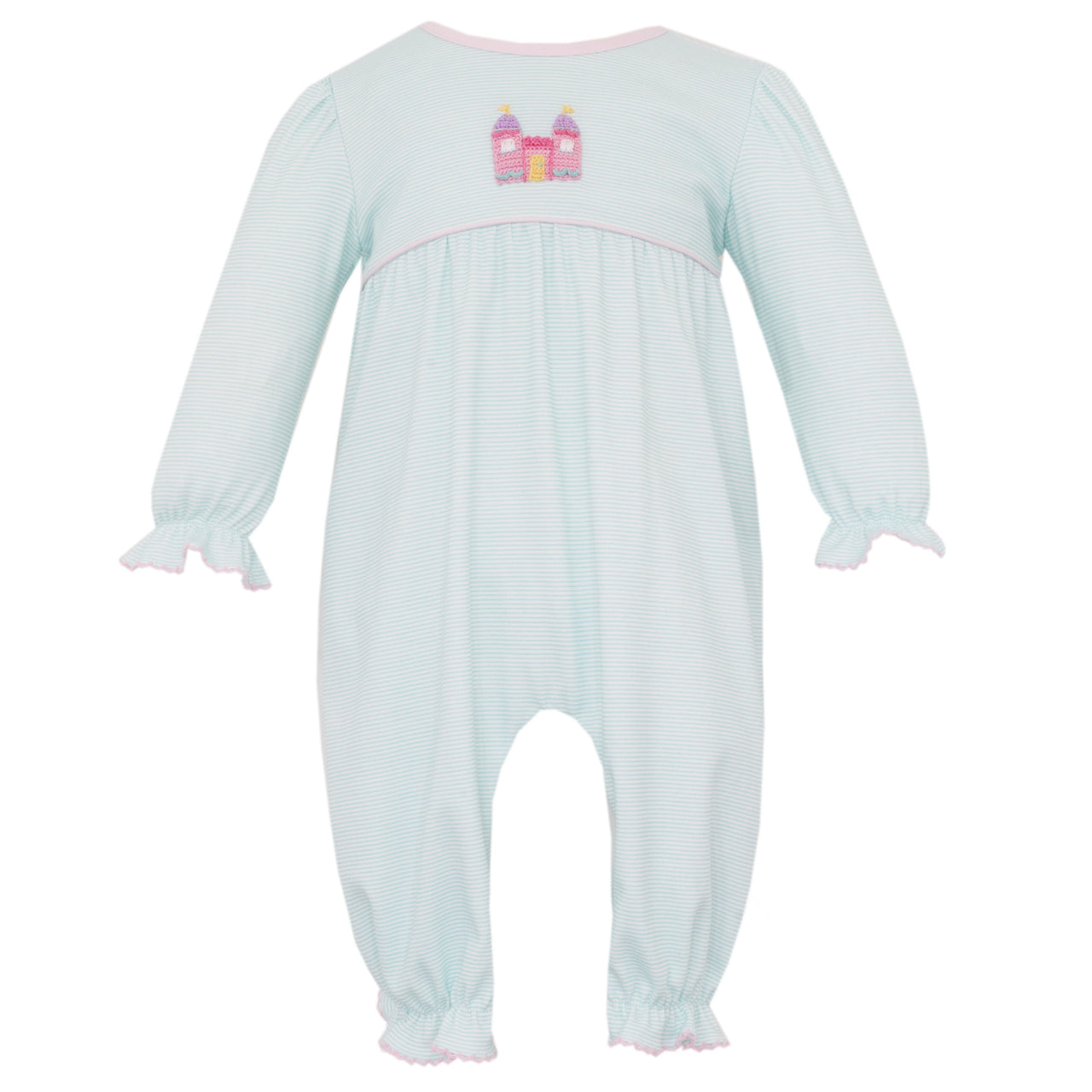 Petit Bebe Princess Castle Aqua Stripe Knit Girl's Long Romper L/S 464F-MF25 5207