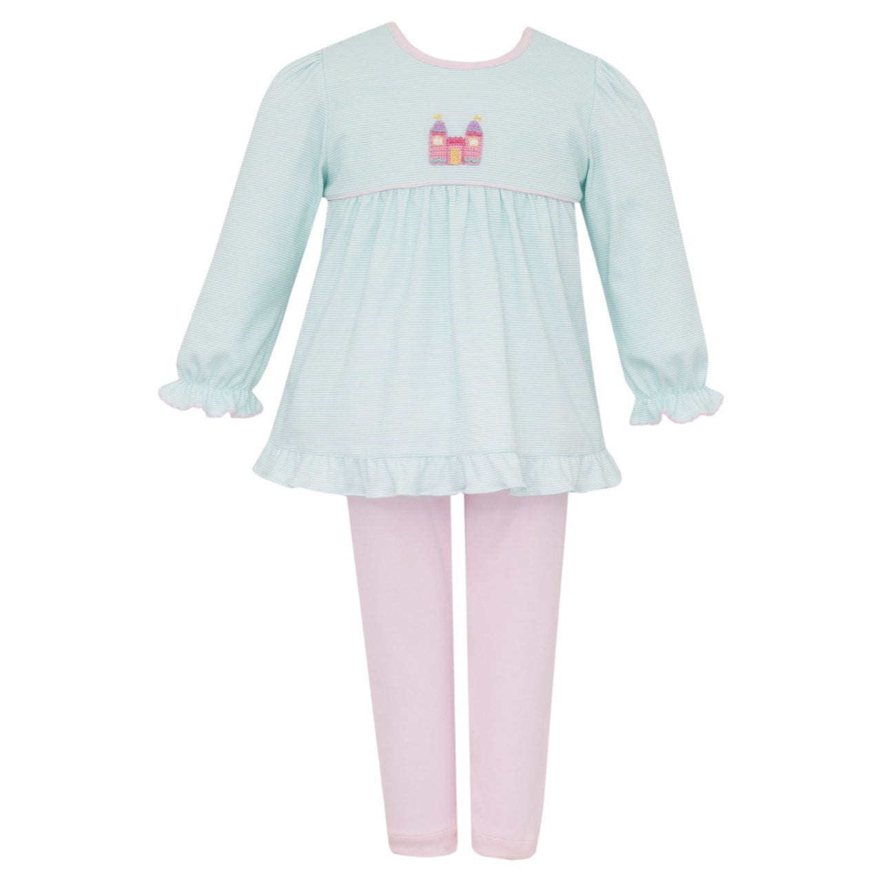 Petit Bebe Princess Castle Aqua Stripe Knit Girl's Tunic Set L/S 464N-MF25 5207