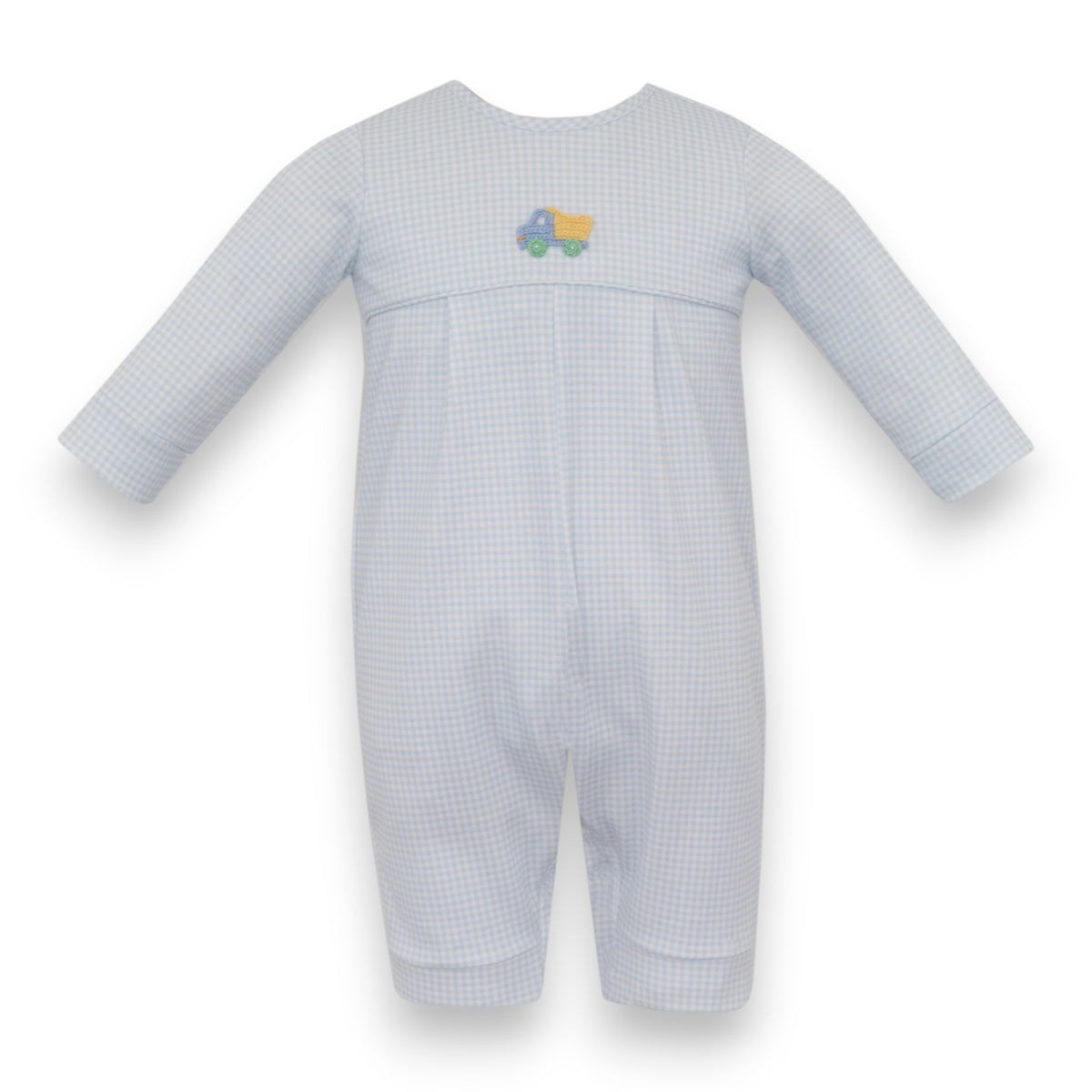Petit Bebe Dump Truck Lt Blue Knit Gingham Boy's Long Romper L/S 465H-MF26 5309