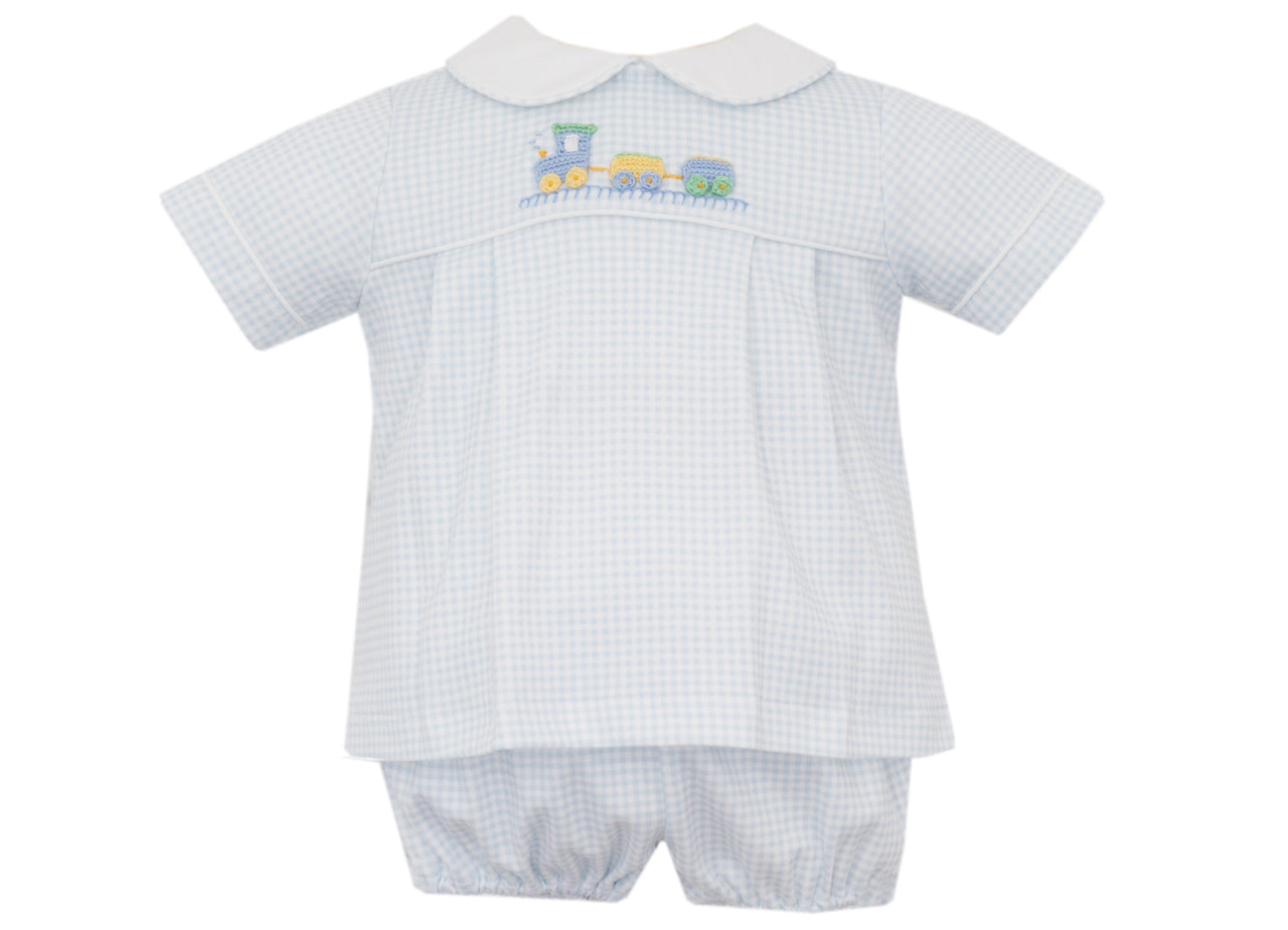 Petit Bebe Train Lt Blue Gingham Knit Boy's Diaper Set S/S 465M-MF25 5208