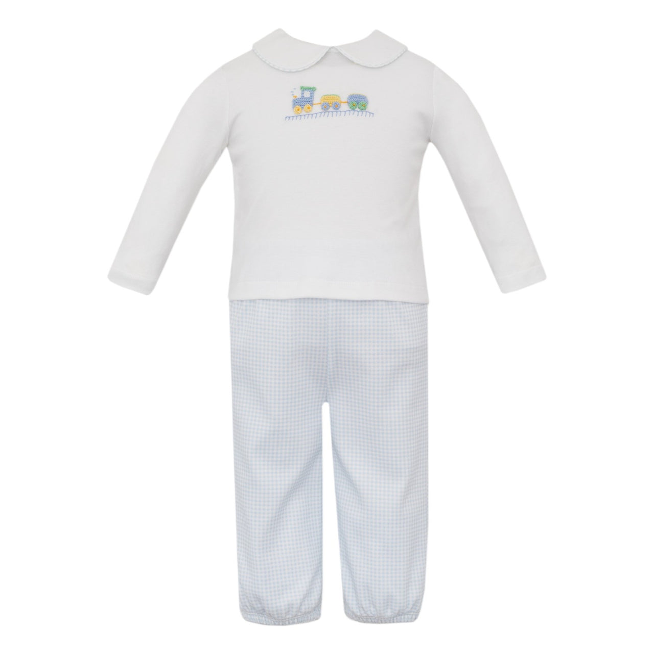 Petit Bebe Train Lt Blue Gingham Knit Boy's Pant Set W/White Knit Shirt L/S 465M2-MF25 5208