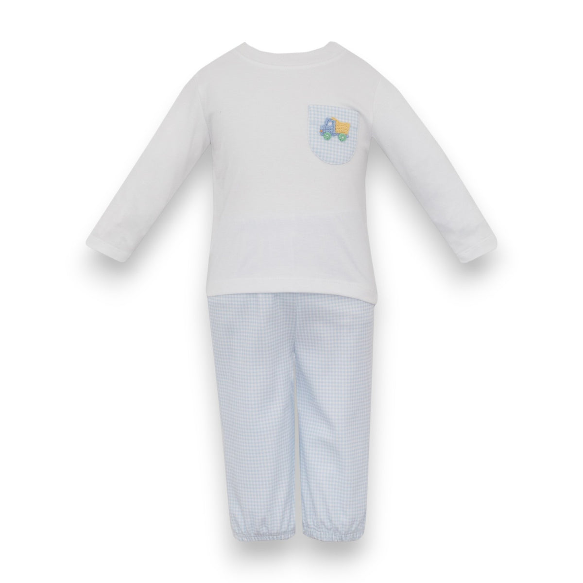 Petit Bebe Dump Truck Lt Blue Knit Gingham Boy's Pant Set L/S W/White Knit T-Shirt 465M2-MF26 5309