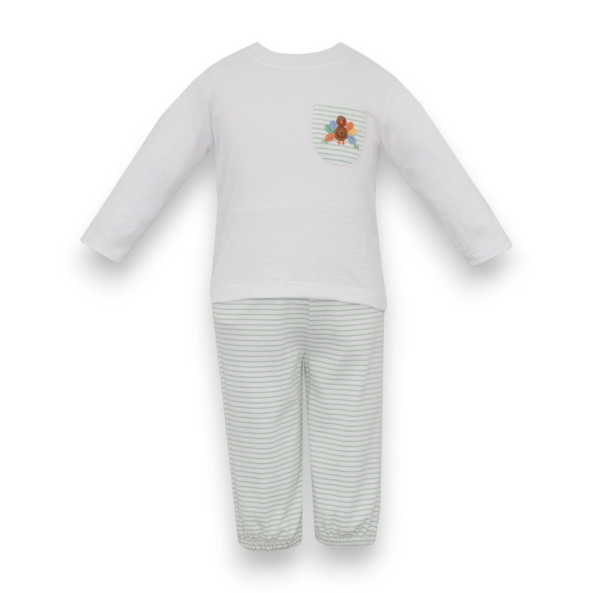 Petit Bebe Turkey Boy's Green Knit Stripe Boy's Pant Set W/White T-Shirt L/S 467M2-MF26 5309