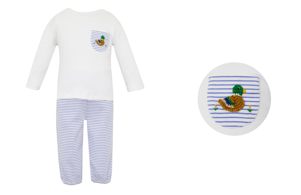 Petit Bebe Mallard Blue Stripe Knit Boy's Pant set W/White top L/S 471M2-MF24 5109