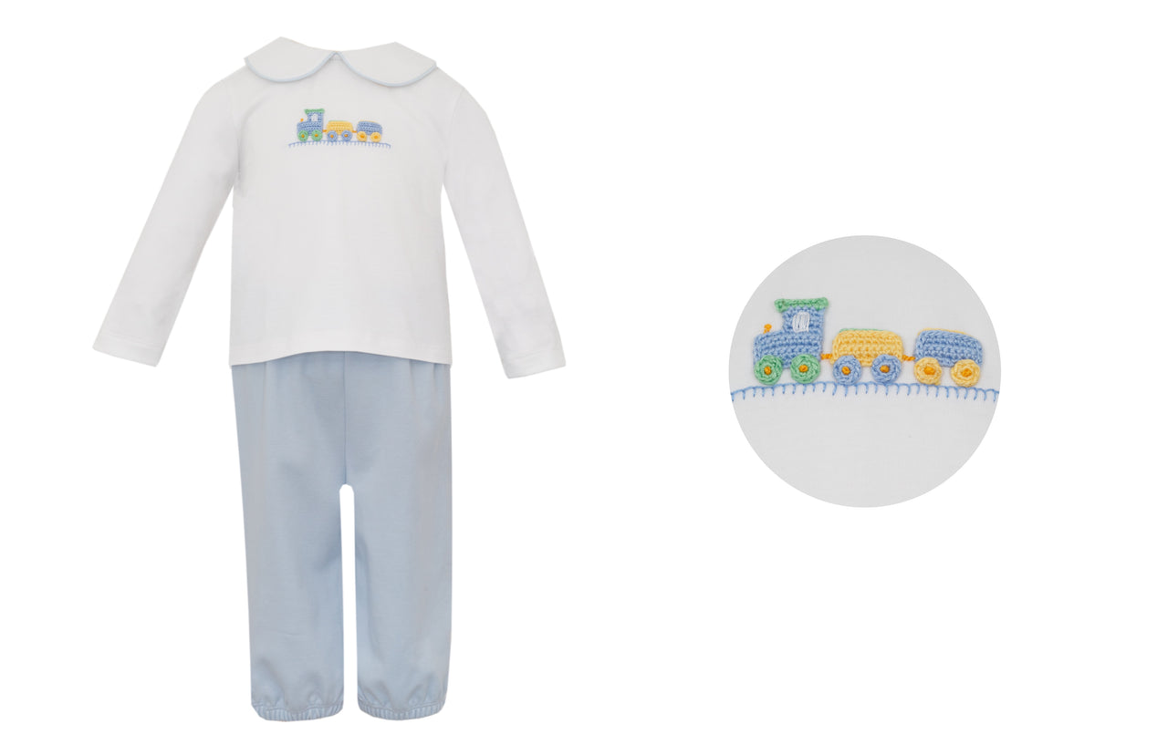 Petit Bebe Train Blue Knit Boy's Pant Set W/White Top L/S 474M-MF24 5109