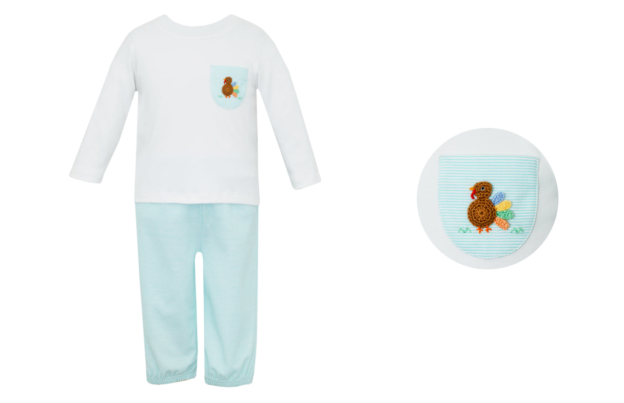 Petit Bebe Turkey Boy's Aqua Pin Stripe Boy's Pant Set W/White Top L/S 475M-MF24 5109