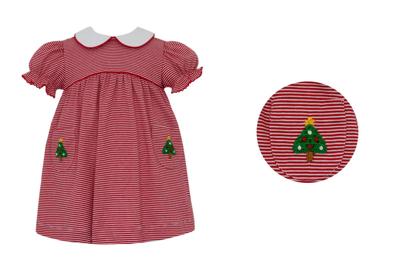 Petit Bebe Xmas Tree Red Knit Stripe Girl's Dress W/Pockets SS 482D-MH24 5110