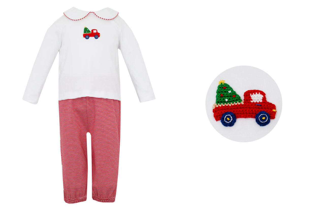 Petit Bebe X'Mas Tree W/Car Red knit Stripe Boy's Pant Set W/White top L/S