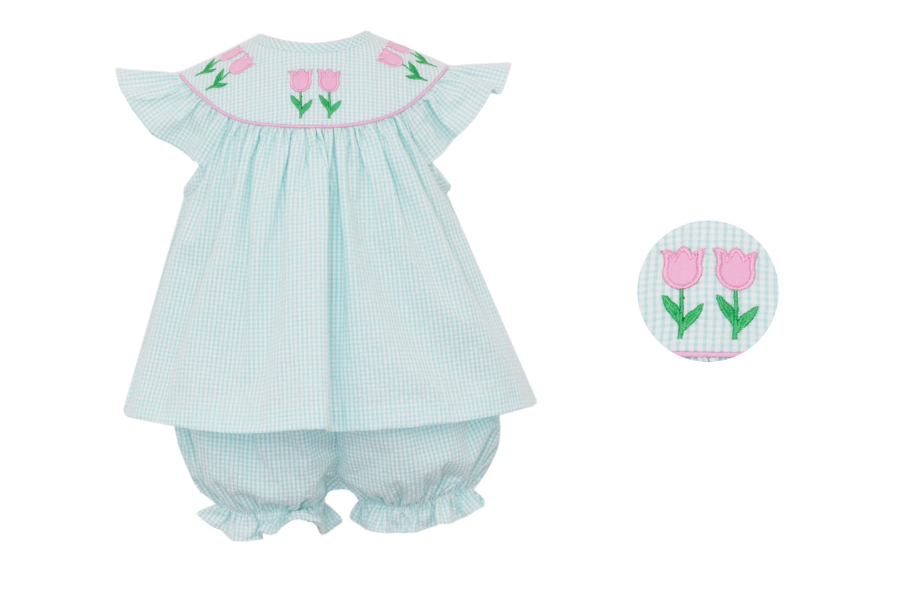 Claire & Charlie Tulips Girl's Angel Wing Bloomer Set Aqua Seersucker Check 5006C-CS25 5202