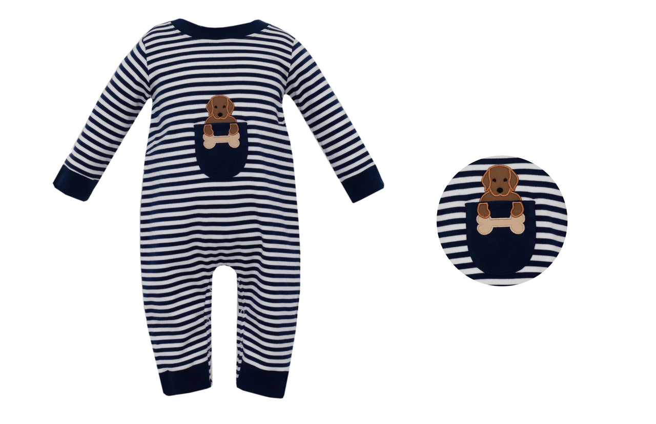 Claire & Charlie Lab Puppy Boy's Navy blue Stripe Knit Boy's Long Romper L/S 5011H-CF24 5109