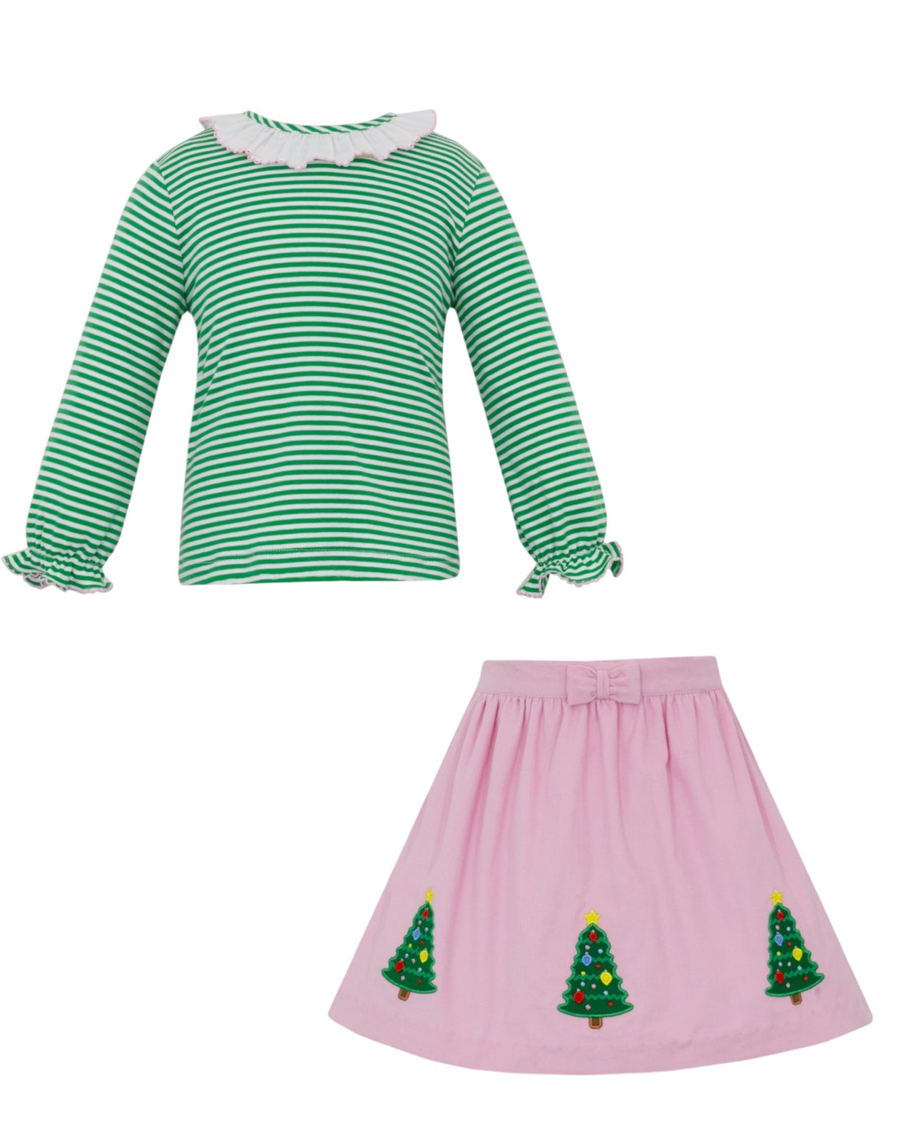 Claire & Charlie X'Mas Tree Blouse Green/White Stripe L/S & Pink Cord Skirt W/tree App 5020BL/SK-CH24 5111