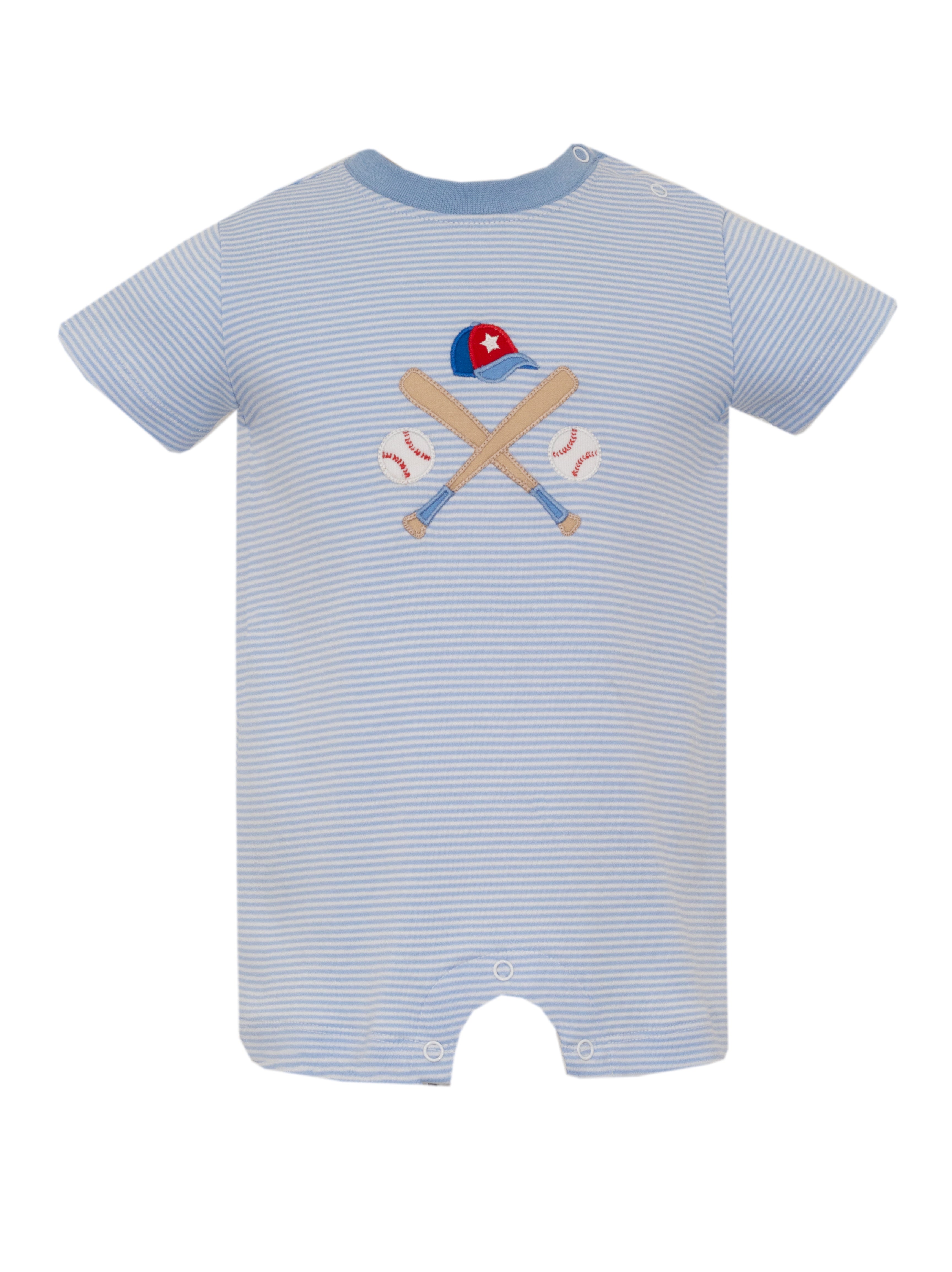 Claire & Charlie Baseball Lt Blue Knit Stripe Boy's Short Romper 5025J-CS26 5303