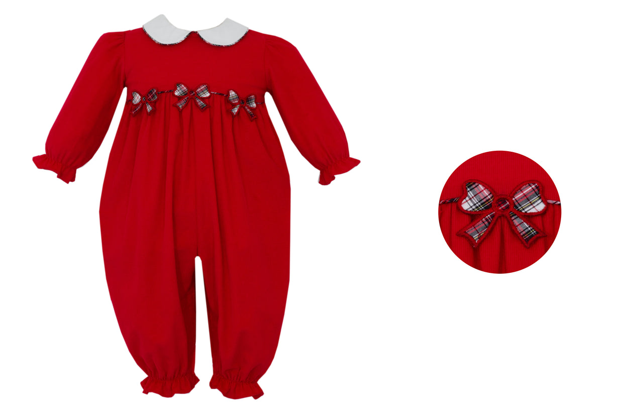 Claire & Charlie Holiday Bows Red Ciorduroy Girl's Romper W/Plaid Bows S/S 5027F-CH24 5110