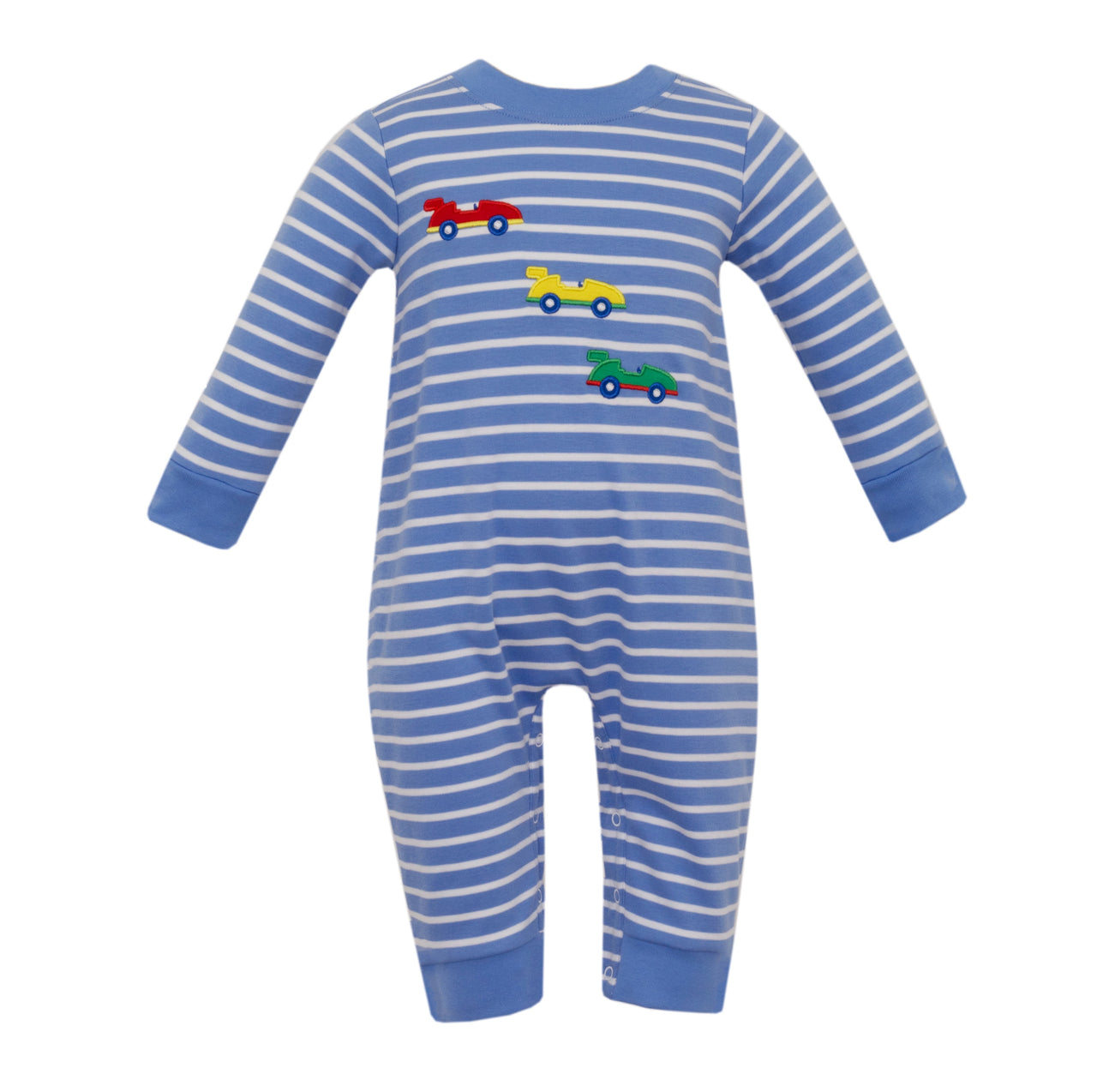 Claire & Charlie Race Cars Periwinkle Blue Stripe Knit Boy's Long Romper L/S 5052H-CF24 5107