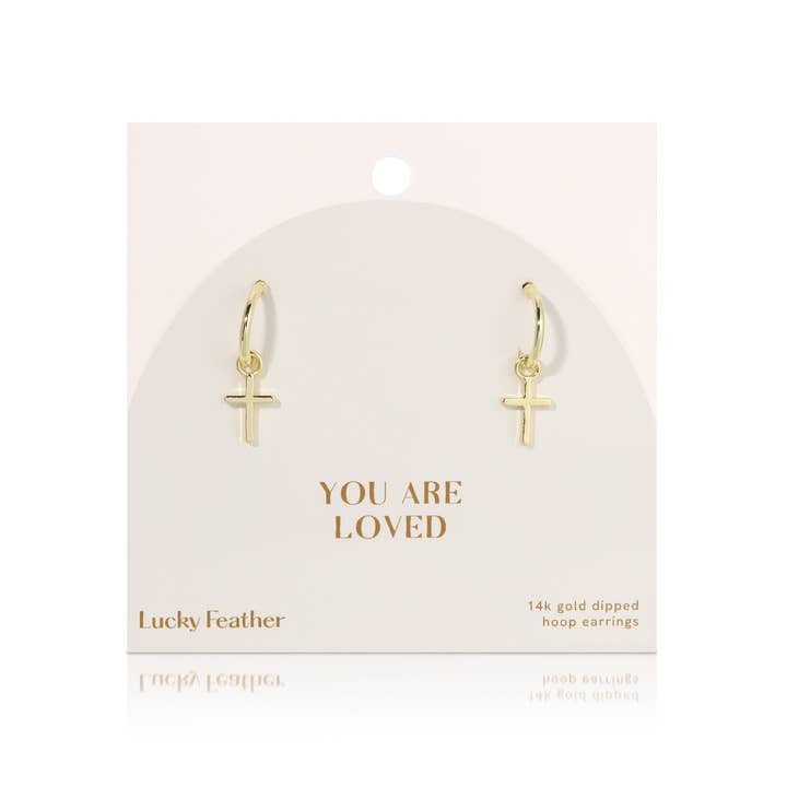 Lucky Feather You Are Loved Cross Hoops