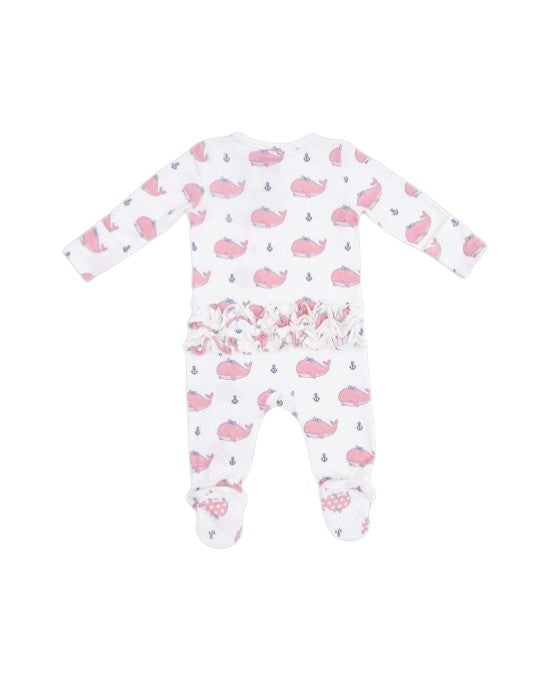 Angel Dear Bubbly Whale W/Bow Pink 2 Way Ruffle Back Zipper Footie 653-S26-BBP
