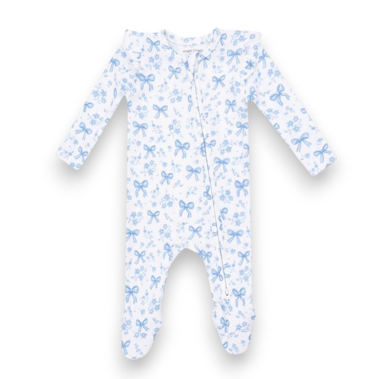 Angel Dear Blue Bows and Flowers - 2 Way Ruffle Sleeve Zipper Footie 726-F26-DBF