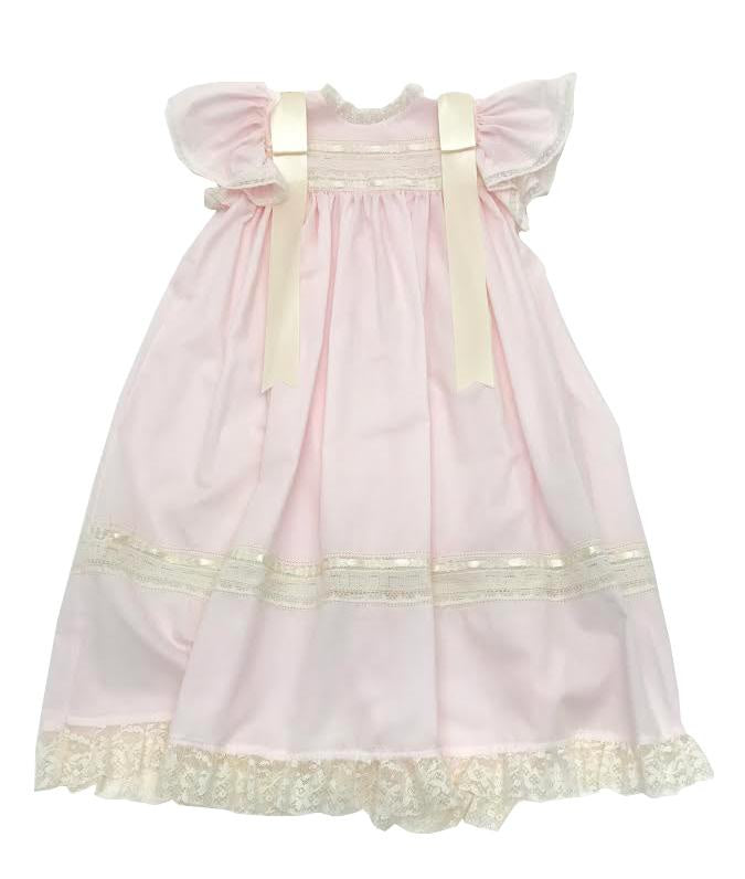 Treasured Memories Pink Angel Sleeve Dress w/ Ecru Lace & Ribbon 5008 S1823PK PK/EC