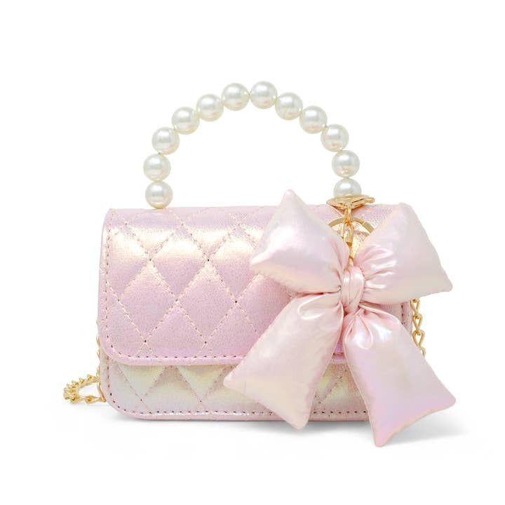 Tiny Treats Shiny Quilted Fluffy Bow Handbag - Pink