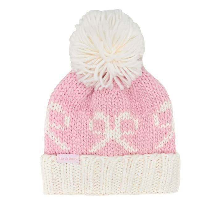 Bits & Bow Pink/White  Knit Hat W/Bow 5209