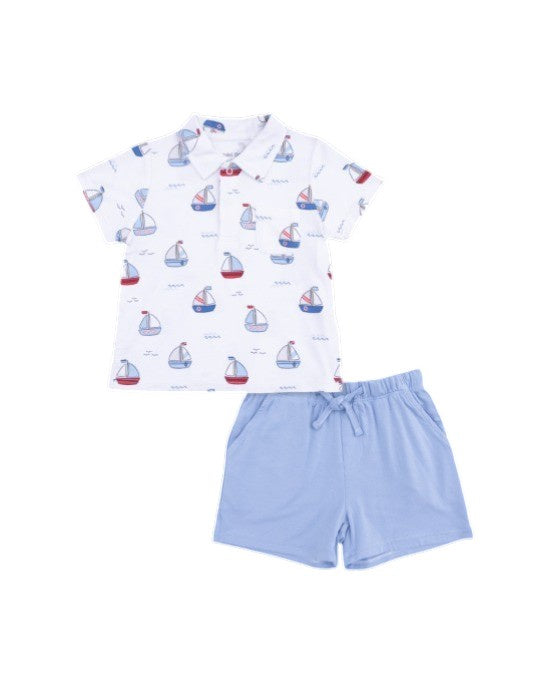 Angel Dear Bubbly Sailboats Blue Polo W/Casual Short 510BS26-BSB 5302