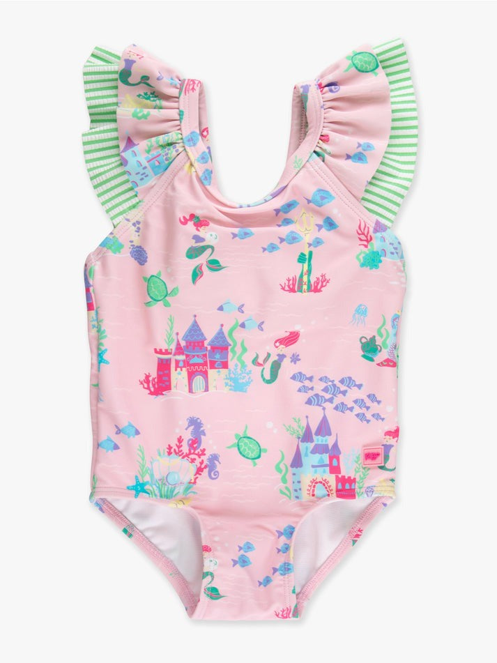 RuffleButts Atlantis Mermaids Bow V-Back One Piece Swimsuit 5303