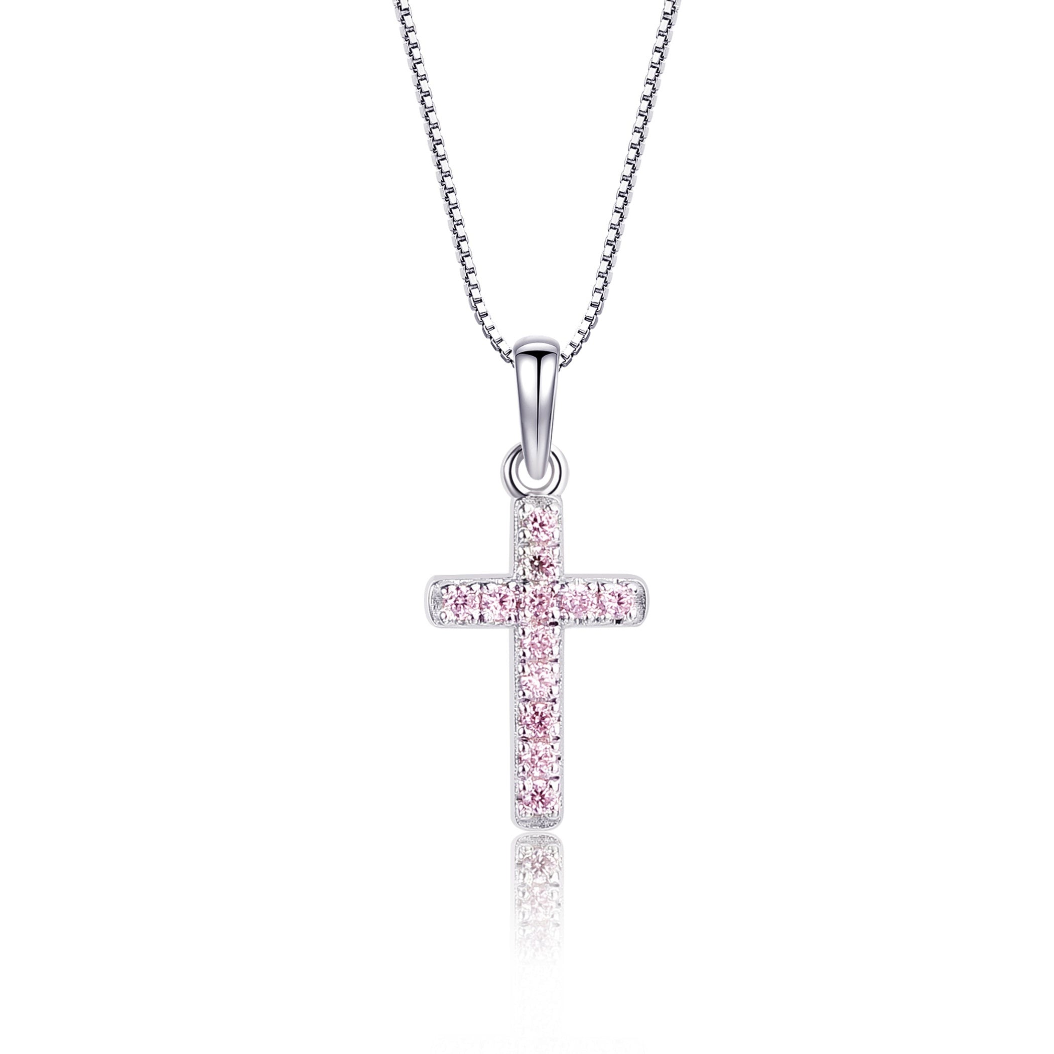 Cherished Moments Sterling Silver Cross Charm Necklace w/Pink CZ (BCN-06 CZ- Pink )14"