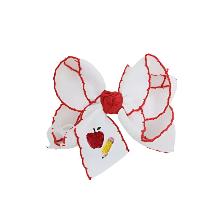 Beyond Creations Embroidered Pencil & Apple on White Bow w/Red Crochet Edge
