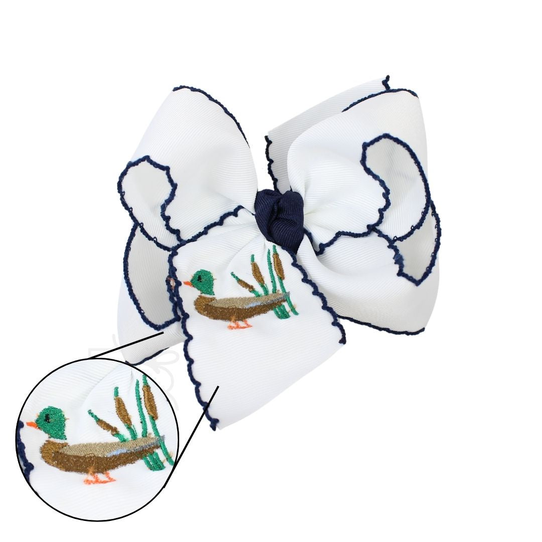 Beyond Creations White w/Crochet Edge Bow Embroidered w/Mallard Duck