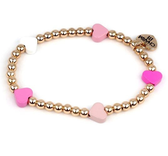 Charm It Gold Bead Pink Heart Stretch Bracelet