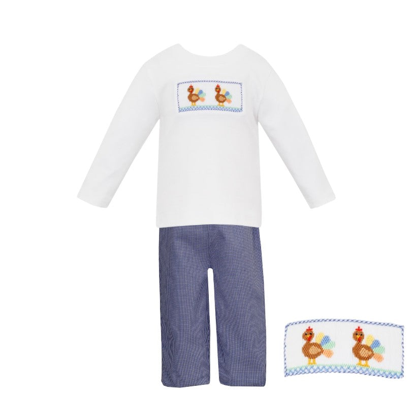 Petit Bebe Turkey Boy's White T-Shirt L/S & Blue Gingham Pants  121P-MF24 5109