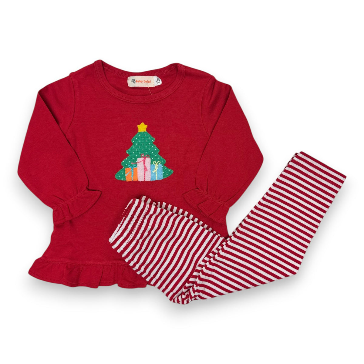 Luigi Girls L/S Ruffle Swing Top W Christmas Tree & Presents Red & Red/White Leggings 5310