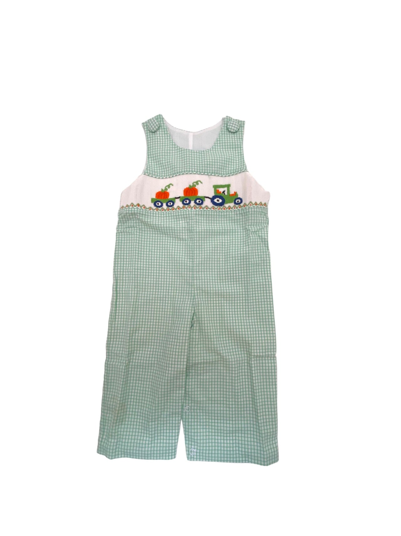 Delaney Boys Green Window Pane Smocked Pumpkin Tractor Long Jon Jon 64 5108