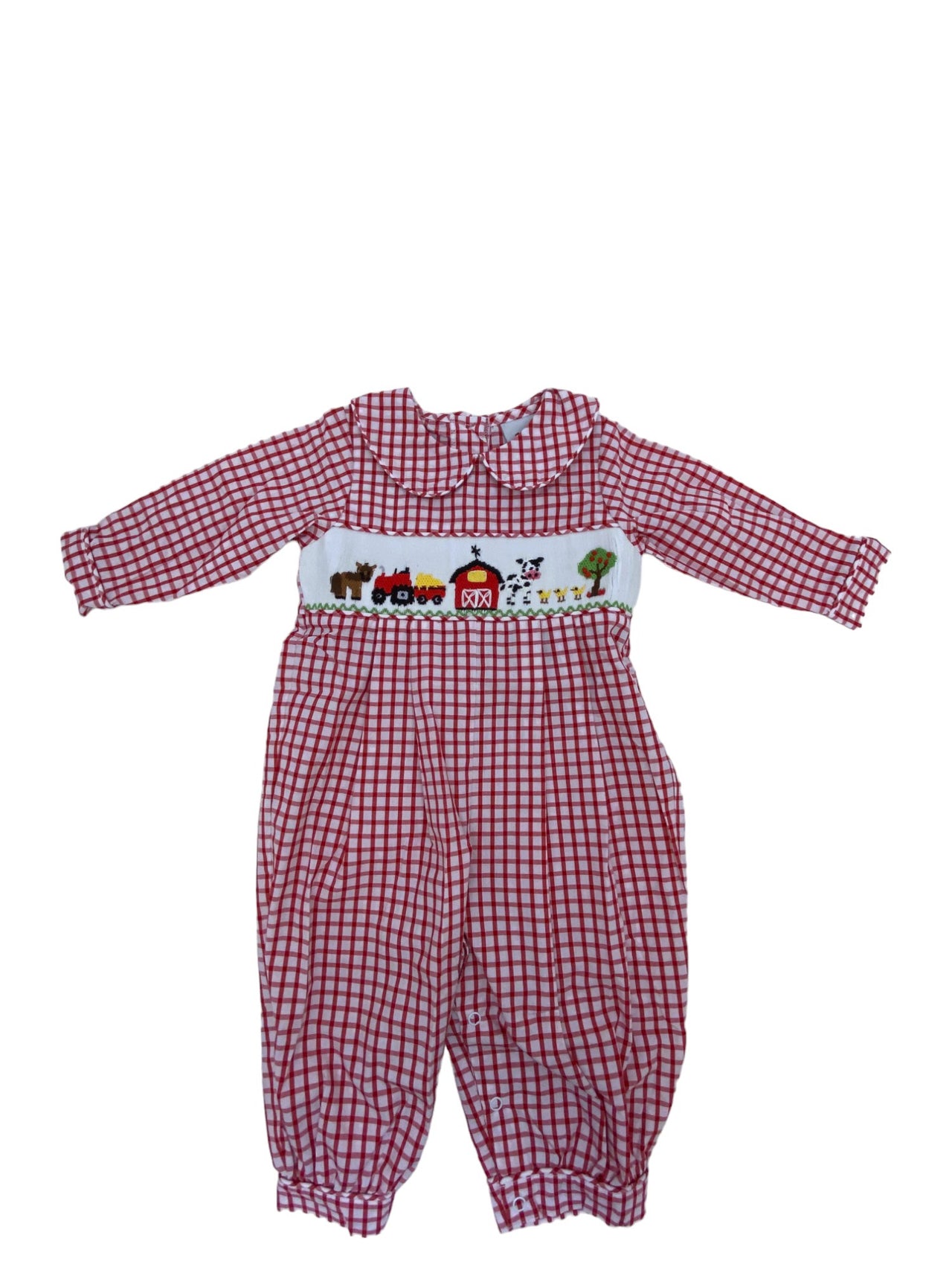 Delaney Boys Red Window Pane Smocked Farm Long Jon Jon 92 5108