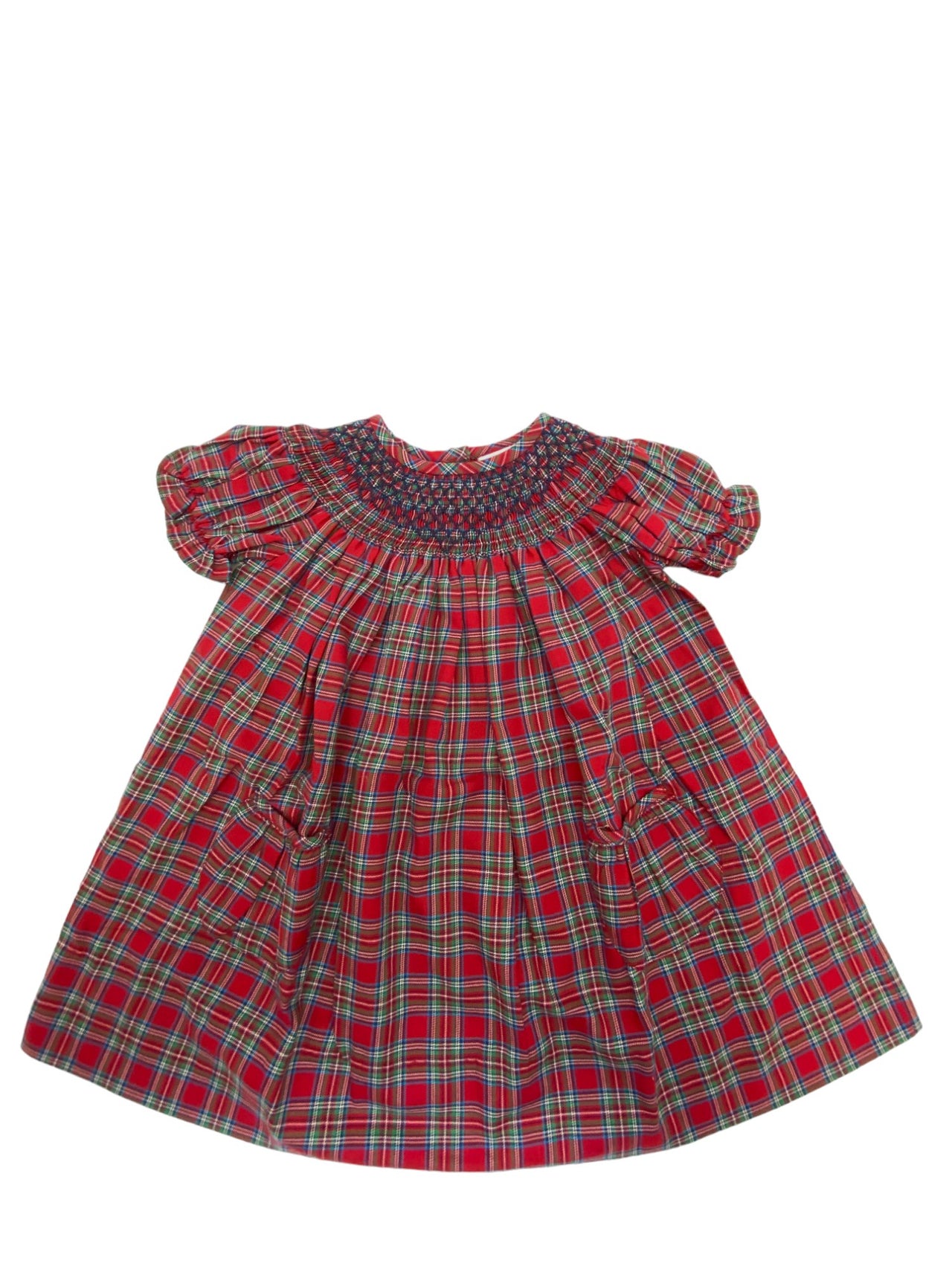 Delaney Girls Red Plaid Geo Smocked SS Bishop Dress 22 5108