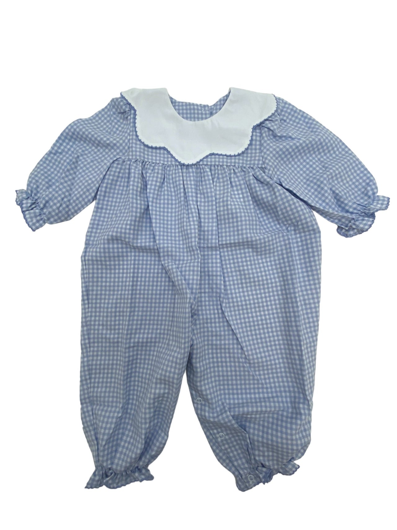 Delaney Girls white Scallop Collar Blue Check Long Romper 97 5108