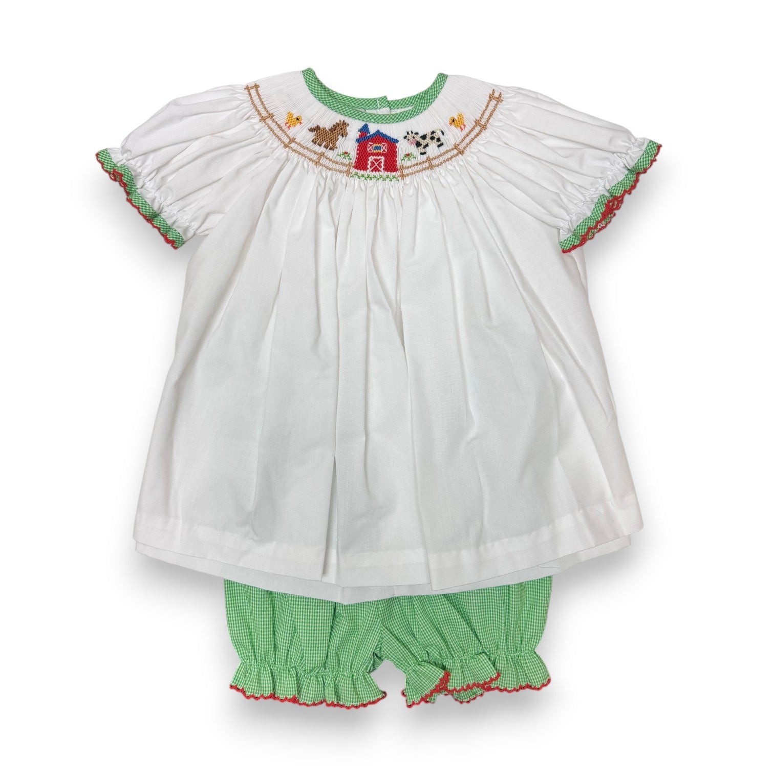 Petit Bebe Farm Girl's Green Gingham Bishop Bloomer Set W/White Blouse S/S 125C-MF26 5306