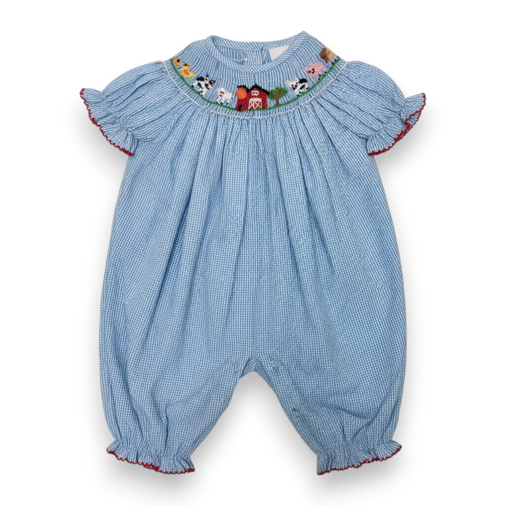 Delaney Girls Lt Blue Mini Check Smocked Farm Animals SS Bishop Romper 108 5308
