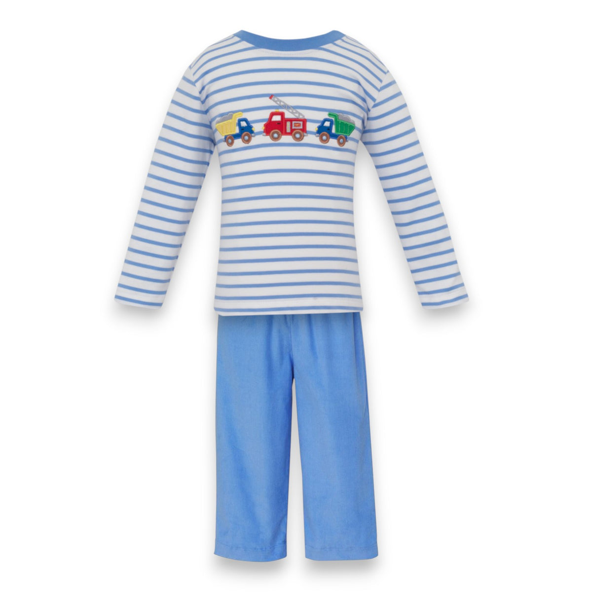 Claire & Charlie Rescue & Roadwork Trucks Periwinkle Stripe Boy's T-Shirt& Perwinkle Cord Pants 5051PL-CF26/5086PB-CF26 5309