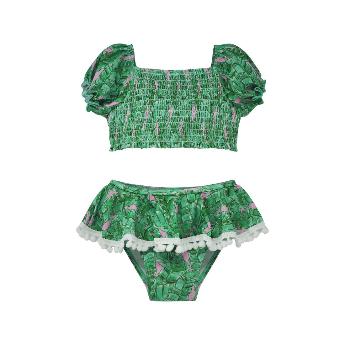 Flap Happy Tropical Fronds Gemma Two Piece Smocked Pom Pom Swimsuit GEMH TRFR 5212