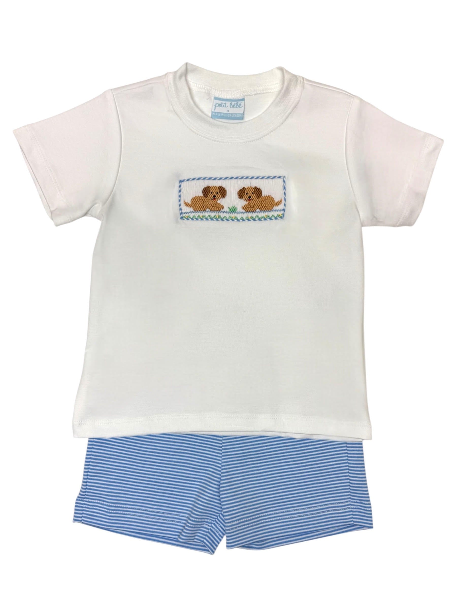 Petit Bebe Garden Puppies Boy's Periblue Knit Stripe Boy's White T-Shirt & Diaper Set 433C-MS26 5303