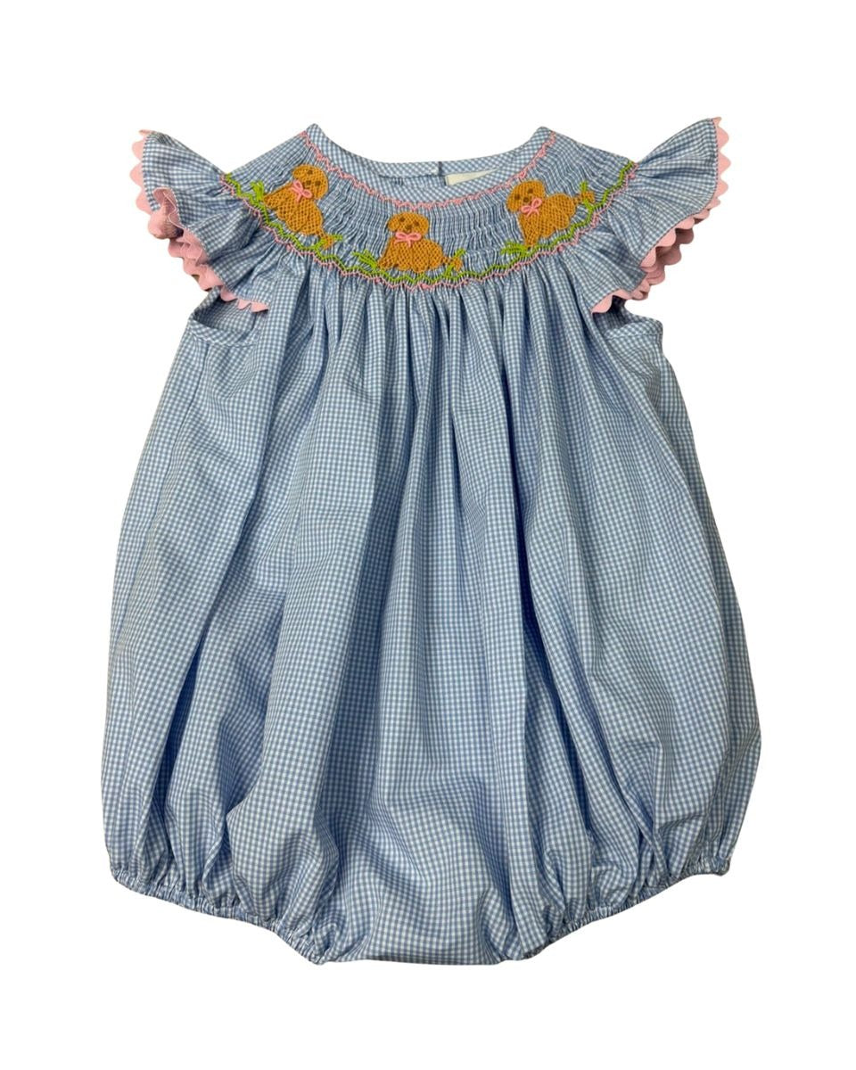 Delaney Girls Blue Check Smocked Sweet Dogs AW Bishop Bubble DELS26-33 5302