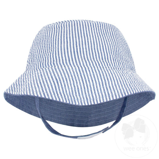 Wee Ones Reversible Boys Seersucker Hat w/ Straps