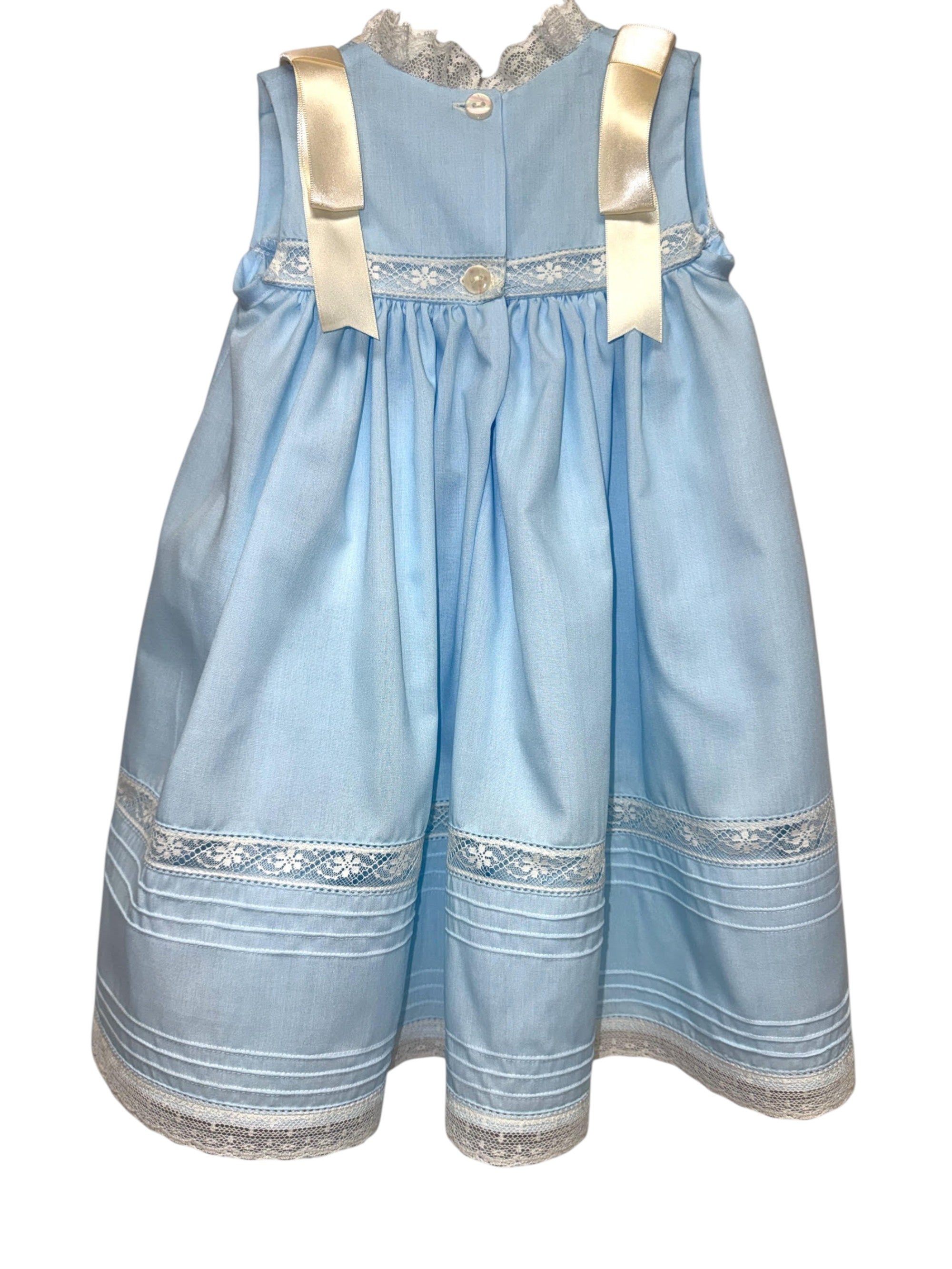 Treasured Memories Blue Sleeveless Dress W/Ecru Lace & Ecru Ribbon XXX09