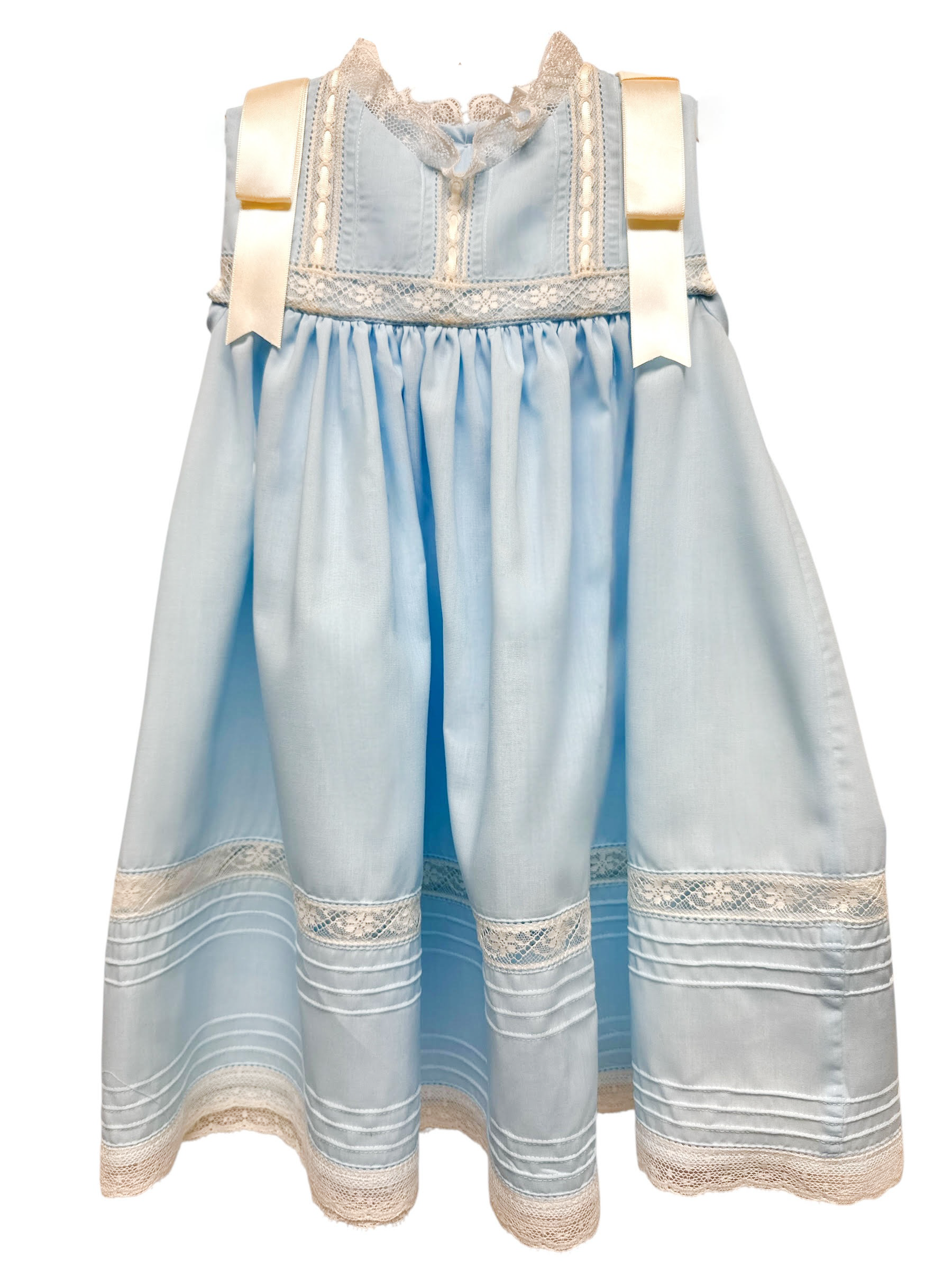 Treasured Memories Blue Sleeveless Dress W/Ecru Lace & Ecru Ribbon XXX09