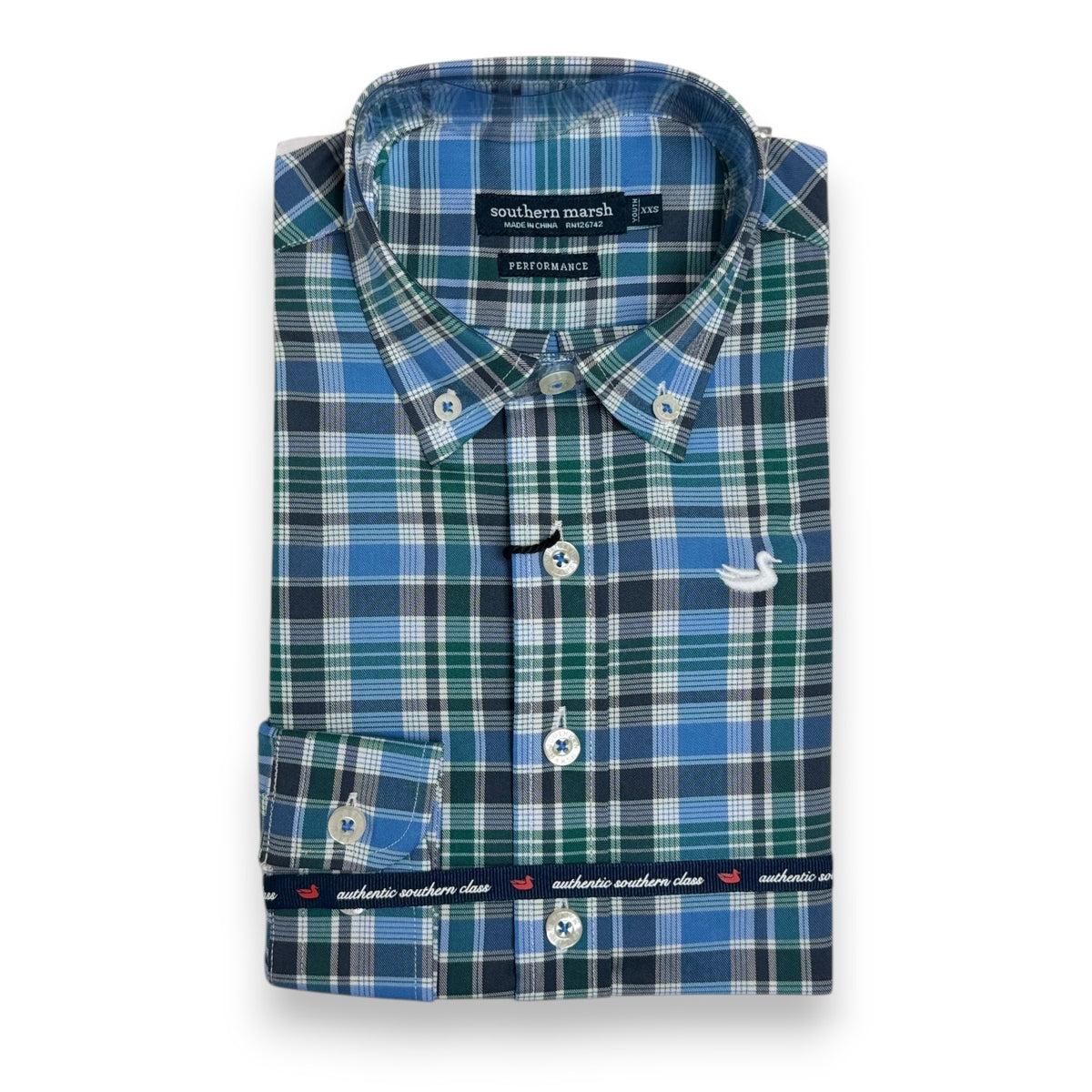 Southern Marsh Youth Franklin Plaid Performance Dress Shirt Navy & Dark  Green YCFRK