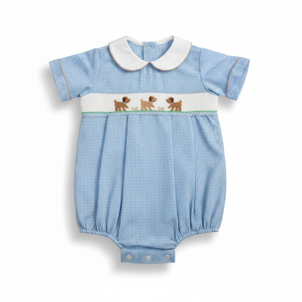 Petit Bebe Puppies Boy's Lt Blue Check Boy's Short Bubble S/S 123BB-MF26 5307