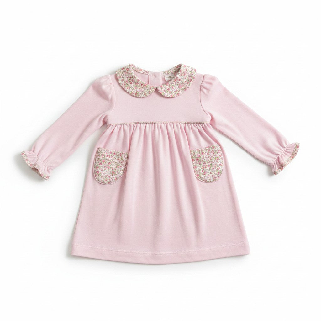 Petit Bebe Pink Knit Dress W/Pink Floral Collar & Pockets L/S 415N-MF26 5307