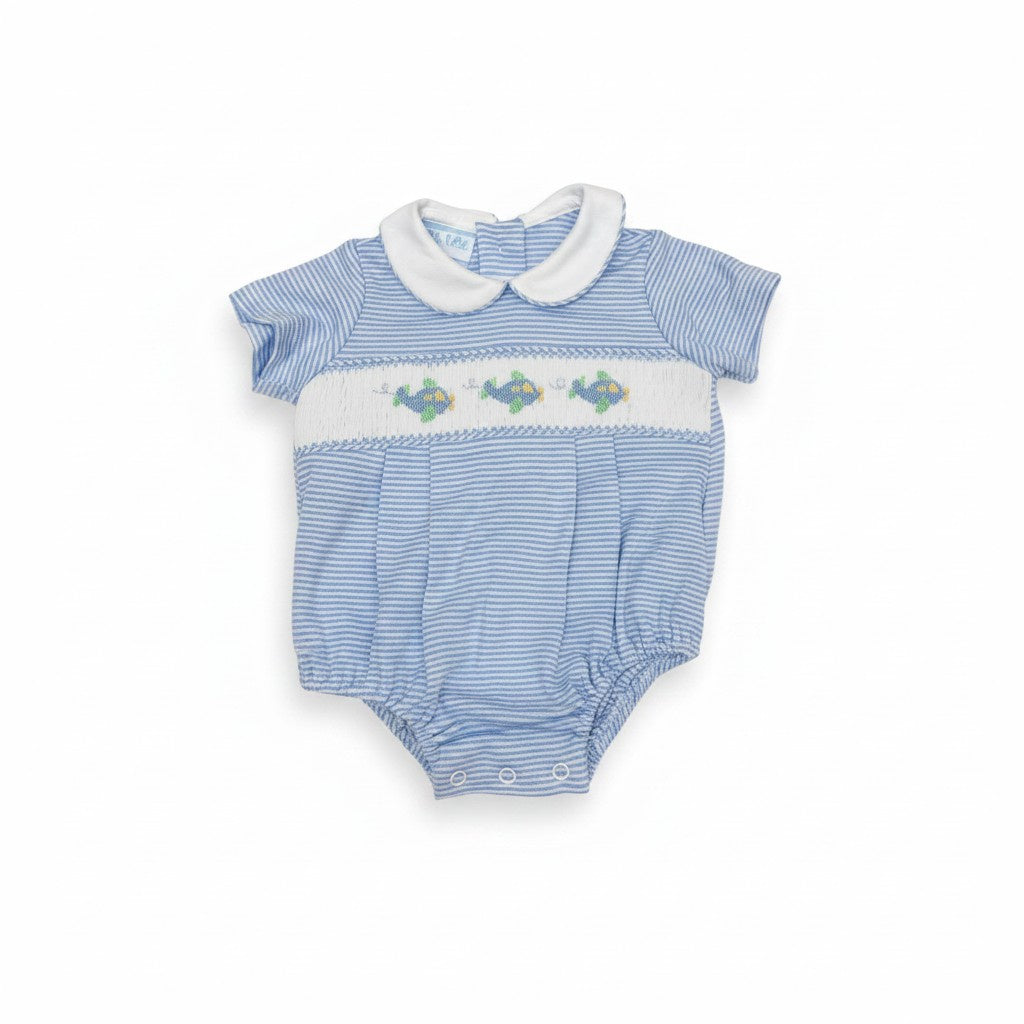 Petit Bebe Airplane Blue Knit Stripe Boy's Bubble S/S 432BB-MF26 5307