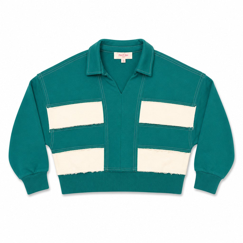 Peach Love Cut Block Striped Collar V Neck Crop Sweatshirt Hunter Green YIKT300228 5307